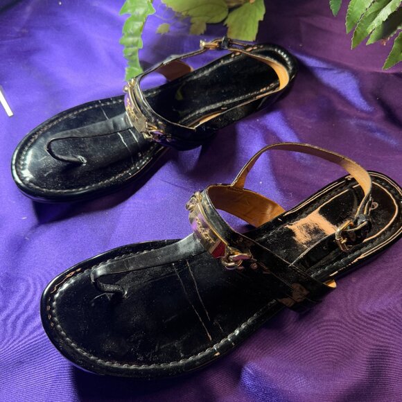 πCoach Caterine Black Leather Flat Slingback Thong Sandals Chainlink Logo 9.5B - Picture 3 of 14